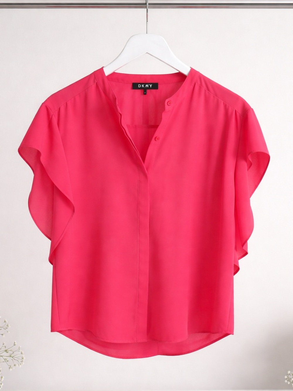 DKNY Hot Pink Ruffled Cap-Sleeve V-Neck Blouse
